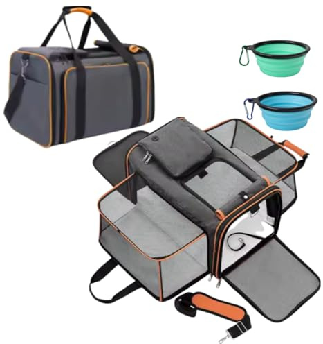 Pet's Hub Place, Transportin Gato Perro Pequeño, Bolso, Peso Máximo 7kgr, Tamaño 48X31X31cm, Extensible 75cm, Impermeable, Cojín Acolchado, Uso Interior/Exterior, +2 Comederos