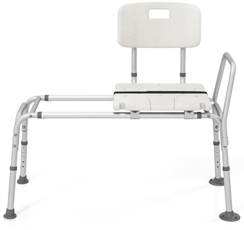 COSTWAY Banco de Baño Extraíble, Silla Ducha con Respaldo Ajustable en Altura con Asiento, Reposabrazos y Cinturón de Seguridad, Banco para Bañera Antideslizante para Ancianos y Discapacidadas