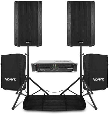 VONYX VSA15P Passive PA Speaker System - 2x 15 2000W Loudspeakers, VXA-2000 MKII Amplifier, Adjustable Tripod Stands, Covers & NL2 Cable Set, Complete Live DJ Event Sound Kit