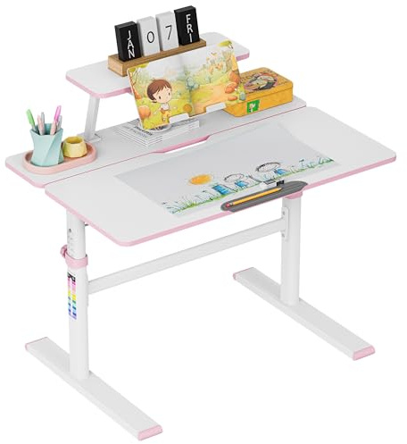 MARK ADLER Study 3.7 Kinderschreibtisch höhenverstellbar & ergonomisch mit neigbarer Tischplatte | Schulschreibtisch mit Stiftablage & Bücherhalter | Für Kinder ab 5 Jahren | Rose