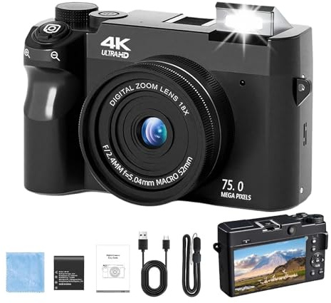 Zoomix Digital Camera,Fotocamera Digitale 4k Da 75 Mp, Fotocamera Compatta Con Zoom Digitale 18x E Schermo Lcd Da 3 Pollici, Doppia Fotocamera Anteriore E Posteriore-64G
