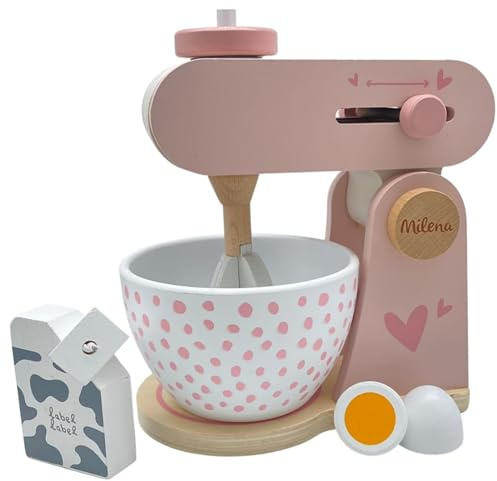 Personnalisable Robot de Cuisine en Bois Rose – avec Fonction mixeur & Bol mélangeur & favorise la créativité – pour Enfants à partir de 3 Ans – personnalisé avec Le prénom – Label Label