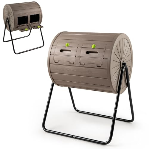 GYMAX Composteur 142L Rotatif à 360°, Bac à Compost Extérieur à Deux Compartiments, avec Portes Verrouillables et Socle Métallique, pour Déchets Alimentaires et Jardinage (Café)