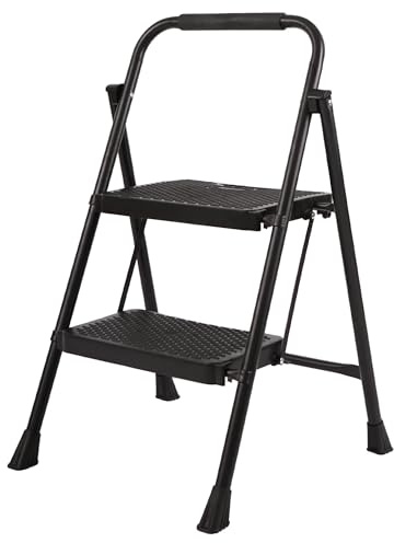 KOTARBAU® Trappstege, Hushållsstege 2 Steg, Bockstege, Pulverlackerat Stål | Vikbar Stegstege, Halkfri Hushållsstege, Kraftiga Trappstegar, H: 46 cm, Svart