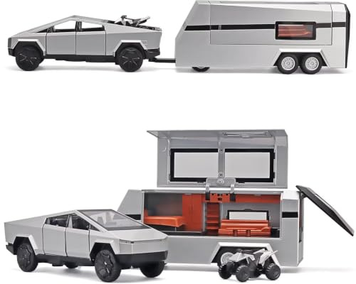 MODVKVK Camion maquette de voiture, camion jouet avec camping-car, moto de plage, kit de modélisme 1:32 pour remorque pick-up en alliage moulé sous pression avec lumière et son (argent)