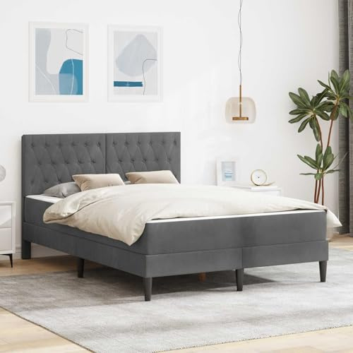 QUAHEAS Bed Frame with Mattress Dark Grey 140 x 190 cm Velvet Cold Foam Mattress Ergonomic Reversible Breathable with Storage Space and Sturdy Slatted Frame for Bedroom Comfort