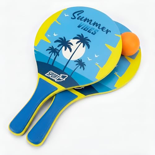 Set de Raquettes de Plage Beach Tennis avec Balle Souple, 2 Raquettes en Bois légères et résistantes, Jeu extérieur pour Plage, mer, Piscine, Jardin, Vacances et Loisirs en Famille