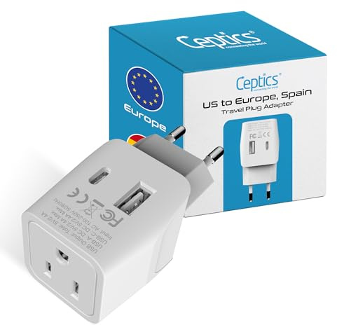 Ceptics 3 in 1 European Travel Plug Adapter - Compact Type C Adapter with USB-A & USB-C, Ideal for Phones, Laptops, Cameras & More, Perfect for Belgium, France and other EU countries - CTU-9C