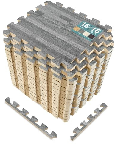 Sorbus Wood Floor Mats Foam Interlocking Mats Each Tile 1 Square Foot 3/8-Inch Thick Puzzle Wood Tiles with Borders – for Home Office Playroom Basement (16 Tiles 16 Sq ft, Wood Grain - Gray)