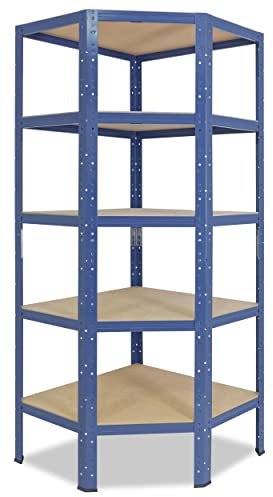 shelfplaza® 180x90x60cm Home Eckregal Schwerlast blau/Metallregal Eckregal stehend 5 Böden je 175kg Tragkraft/Corner Shelf Schwerlastregal Ecke/Steckregal Schwerlastregal Eckregal