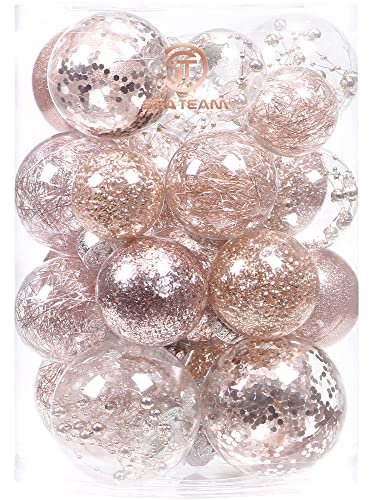 Sea Team Multi-Size Shatterproof Clear Plastic Christmas Ball Ornaments Decorative Xmas Balls Baubles Set with Stuffed Delicate Decorations (25 Counts, Rose Gold)