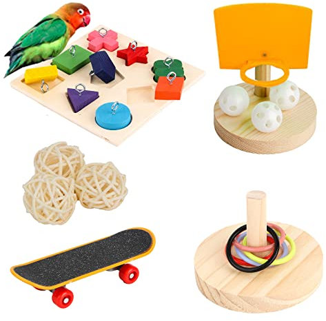 WisherMar 5 Stück Vogelspielzeug für Papageien, Training – Trainingsspielzeug mit Tretroller, Basketball und Stapelring