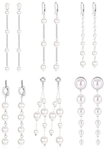 MILACOLATO 6 Paia Orecchini Perle Lunghi Placcati 14K con Nappa Argento e Oro - Gioielli per Matrimoni