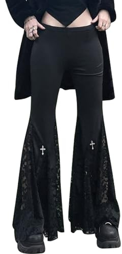 SEAUR Gothic Punk - Pantaloni da donna, colore nero, vintage, in pizzo, patchwork, Y2K, grunge, skinny Party Club Wear, Pantaloni patchwork in pizzo A02, M