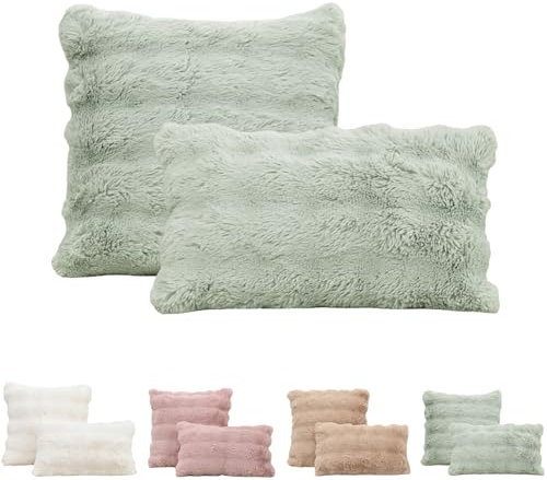 Tospass 2er Set Kissenbezug 40x60 cm Grün Künstlich Kaninchenfell Kuschelkissen Flauschig Weich Glatt Sofakissen Dekokissen, Deko Wohnzimmer Zierkissen Couchkissen mit Unsichtbarer Reißverschluss