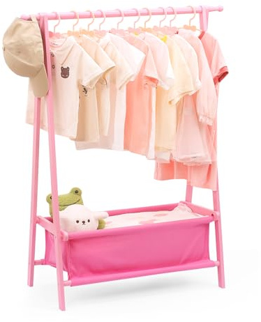 Relquorax Perchero de ropa para niños con almacenamiento, perchero de vestir, ropa infantil, ropa pequeña, para disfraz, bambú (rosa)