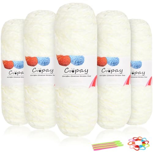 Coopay Lana Chenilla Aterciopelada, 500g (5 x 100g), Ovillo de Lana para Tejer Suave, Grosor de 3mm, Súper Esponjoso Hilo Chenilla Para Crochet Tejido Bufanda, Manta, Calcetines - Blanco Lechos