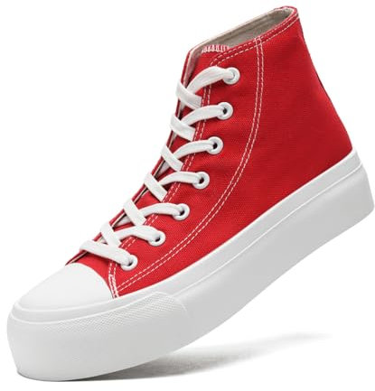 maxvinci Ladies Canvas Shoes Women High Top Platform Trainers Lace Up Pumps Plimsolls Fashion Sneakers Casual Canvas Tennis Shoes for Women Red