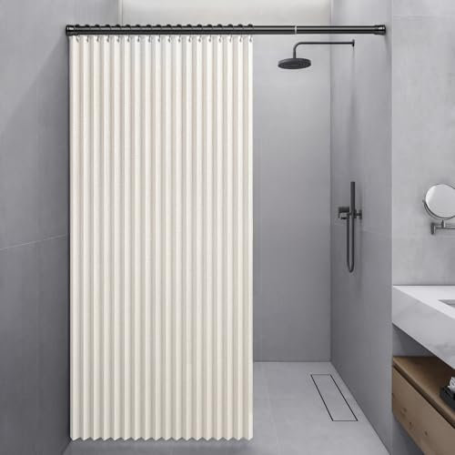 Momooda Cortina Ducha Plegable Resistente, Cortina de Ducha de Lino antimoho con imán a Prueba de Salpicaduras, Cierre rápido, Beige, 120x200cm