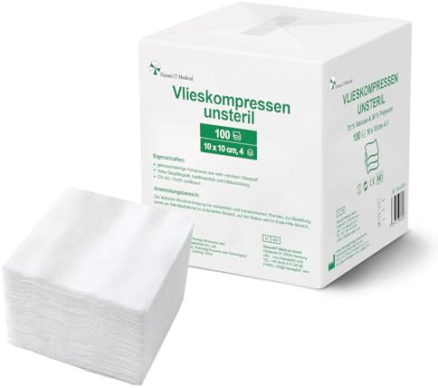 HansaGT Medical Compresse in tessuto non tessuto, non sterili, 10 x 10 cm, 100 pezzi, compresse per ferite a 4 strati, rivestimento non adesivo, compresse di garza, compresse di aspirazione, materiale
