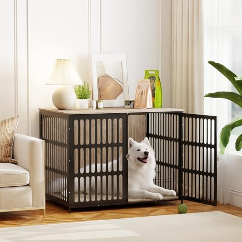 PawHut Dog Crate Furniture, Dog Cage Side End Table Indoor with Anti-Chew Resistant Mesh, Anti-Escape Door, for Extra Large Dogs, 118 x 80 x 92 cm, Walnut Brown