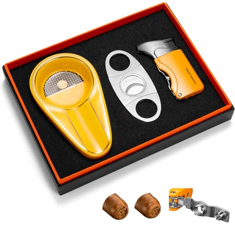 CLZOONG Cigar Cutter Lighter Ashtray Set Portable, Cigar Cutter Stainless Steel,Ceramic Ashtray, Torch Lighter Single Jet Flame Refillable Butane with Punch Gift Box for Patio/Outdoor/Indoor (Yellow)