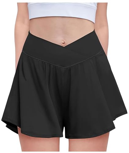 Girls Flowy Shorts Cross High Waisted Kids Athletic 2 in 1 Running Active Skirt PE Gym Dance Sports Shorts Teen Girls Summer Short Casual Beach Pants with Pockets Loungewear Age (Black, 7-8 Years)