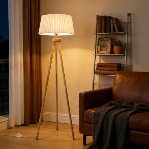 Aigostar Lampara de Pie tripode E27 Retro de Madera Maciza para Salón, Sin Bombilla, Plisada Pantalla Blanca de Lino, Cable 180 cm con Interruptor de Pie, Estilo Nórdico