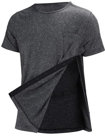 Men's Post Shoulder Surgery T-Shirt After Surgery Shirt Shoulder Surgery Recovery Tearable Functional Shirt Short Sleeve Full Open Side Press Stud Functional Shirt, gray, M