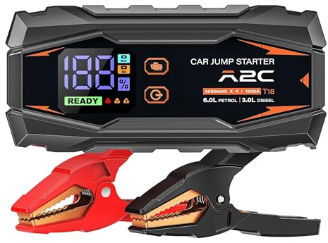 A2C jump starter auto, 12V booster avviamento auto(fino a 6,0l benzina o 3,0l diesel), power bank 16800mAh (PD/QC 3.0) con 3 porte USB C, booster con cavi di avviamento, display LED e luce