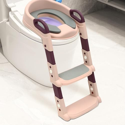 Toalettstege för barn, 2-i-1 toaletttränare med trappa, 34 x 34 x 44 cm toalettsits med trappa, justerbar toalettfäste barn med PU-sittkudde för unga och flickor från 2–7 år gammal (rosa)