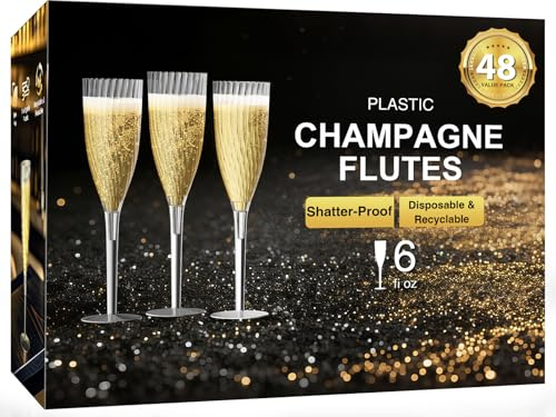 GuanQiao 48 Pack Clear Champagne Flutes, 6oz Disposable Wine Glasses with Long Stem, Reusable Plastic Cocktail Glasses for New Years Eve Party Birthday Wedding Celebration Toasting Drinking