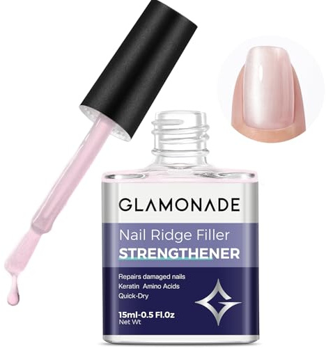 Glamonade Nail Strengthener: Nail Care Ridge Filling Strengthener Nail Hardener Pink Nail Varnish Nail Strengthener for Damaged Nails Smoothing Quick Dry 15ml (Pink)