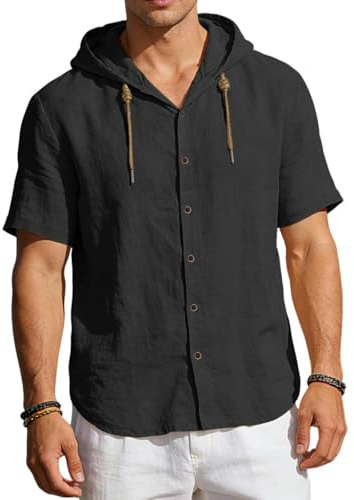 PADOLA Camiseta con Capucha de Lino para Hombre Sudadera Mangas Cortas con Botones Camisa de Casual Verano Respirable