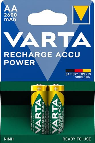VARTA Batterien AA, wiederaufladbar, 2 Stück, Recharge Accu Power, Akku, 2600 mAh Ni-MH, ohne Memory Effekt, vorgeladen, sofort einsatzbereit