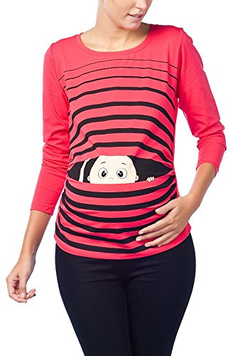 M.M.C. Bambino Che osserva Il Mondo - Simpatica graziosa T-Shirt Premaman Manica Lunga per la Gravidanza (Corallo, Large)