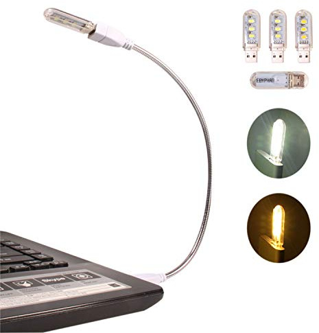 EBYPHAN Mini LED USB Lampe, Flexible Tastaturlicht für Laptop PC Computer, Einstellbar Schwanenhals + Abnehmbarer Lampenschirm, 4 Gemischte LED USB Licht (2 Weiß + 2 Warmes Gelb) (Silbrig)