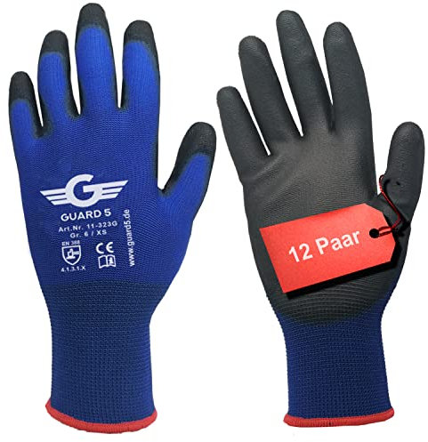 GUARD 5 - Arbeitshandschuhe - 12 Paar/Gr.9 (L) - Damen & Herren Gartenhandschuhe - blaue Nylon-Handschuhe mit PU-Beschichtung für Bauarbeiten, Mechaniker, Lagerarbeit und Heimwerkerprojekte