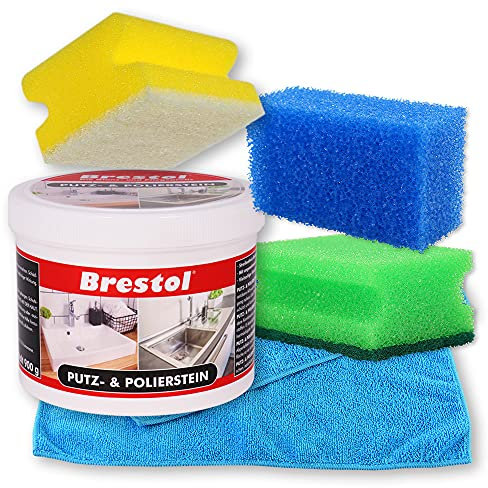 PUTZSTEIN 900 g Dose + Zubehör Set1 - Putzpaste Allzweckreiniger mit Citrusduft hinterlässt einen Abperleffekt in der Küche und im Bad - Universalreiniger Polierstein