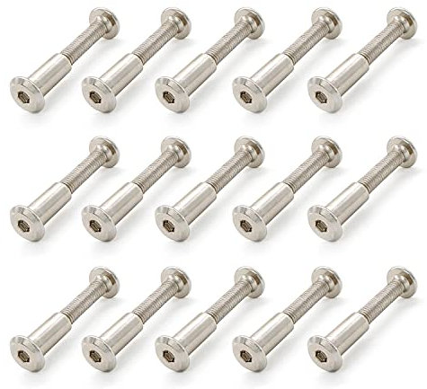 TIANLIN 30 Stück Möbelverbindungsschrauben M6 (15 Möbelverbinder + 15 Hülsenmuttern), vernickelte Stahl Verbindungsschrauben, passend für Holzstärke 40–50 mm, ideal für Möbel, Schränke und Holzplatten