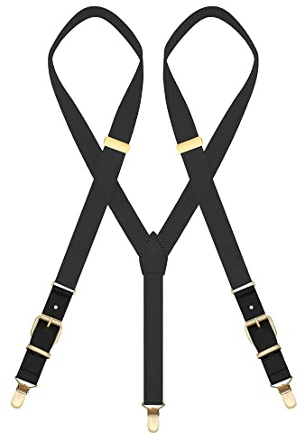 MENDENG Black Leather Suspenders for Men Bronze Metal Clips Wedding Party Braces