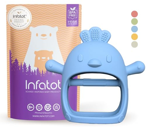 Infatot® Teething Toys for Baby Gifts – Chicken Silicone Mitten Teether, Soothing Glove for Infants, Baby Toys 0-6 Months, Soft Chewable Teether Toy to Prevent Finger Sucking, Blue