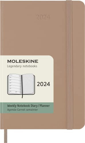 Moleskine Weekly Agenda with Space for Notes 12 Months 2024, Agenda 2024, Size Pocket 9x14, Hard Cover and Elastic Closure, Colour Sandy Brown