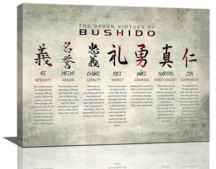 Stampa artistica da parete con samurai giapponese, 7 virtù di Bushido, stampa su tela con motivo guerriero Musashi, stampa su tela, idea regalo per camera da letto, soggiorno, ufficio, 40,6 x 30,5 cm
