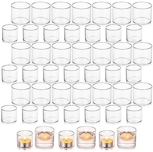 Glasseam Tea Light Candle Holders Bulk, Clear Glass Candle Holder Set of 48, Decorative Small Votive Candle Holder for Weddings Centrepieces, Romantic Tealight Holder for Dinner Party Table