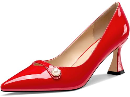 NobleOnly Womens Mid Heel Pointed Toe Slip-on Pearls Dress Pumps Court Shoe Glitter Casual Patent Leather Shoes 6 CM Heels Red 5 UK