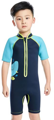 SXSHUN Kinder Mädchen Jungen Neoprenanzug 2.5mm Neopren Shorty UV-Schutz Badeanzug Einteiliger Badeanzüge Wetsuit, Blau, 110-116