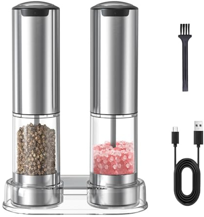 Electric Salt and Pepper Grinder Set Rechargeable Adjustable Coarseness Stainless Steel Pepper Mill With Washable 95ml Container,electric pepper grinder LED Light Light and Base,Silver NEW for Home