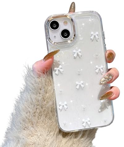 EYZUTAK Coque de Téléphone pour iphone 13/iPhone 14, Brillant 3D Bowknot Cas de Étui Mignon Brillant Clair Nœud Design Esthétique Cas Doux TPU Transparent Housse de Protection - Noeud Blanc