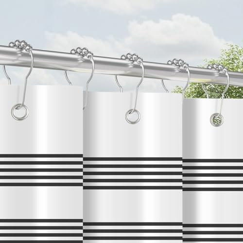 Duschvorhang mit Metall Duschvorhangringe 120x200 cm Schwarz Streifen, Beschwerter Saum Antischimmel Textil, Wasserabweisend, Waschbar Polyester Badevorhänge Set mit Ösen für Badezimmer, Badewanne